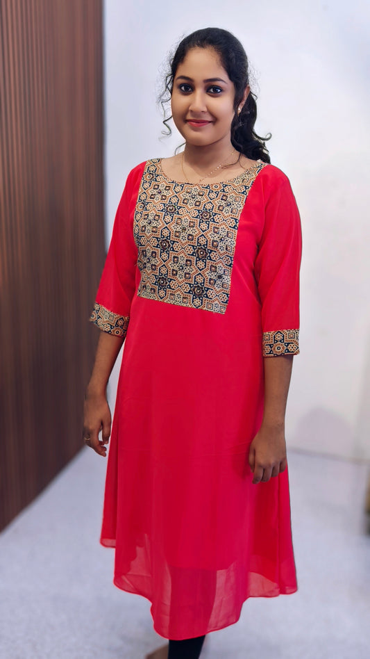 0188- Georgette Ajrakh Handwork A-line Top