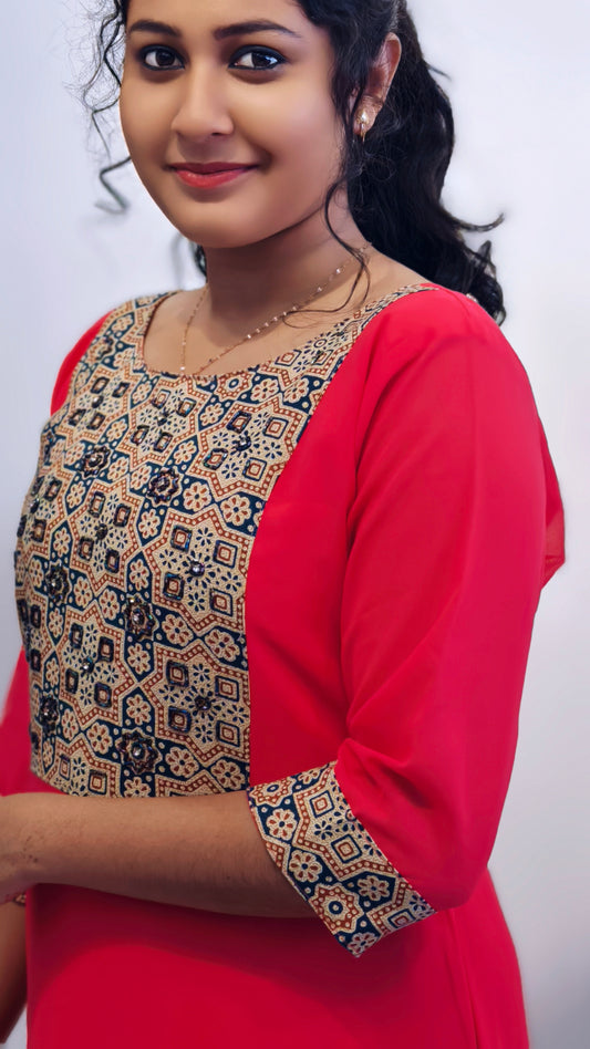 0188- Georgette Ajrakh Handwork A-line Top